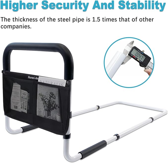 Bed Rails for Elderly Adults Safety with Adjustable Heights Storage Pocket Assist Support Side Railings Seniors Slides Under Mattressbed Cane Guard Bed Handles Bars (White)