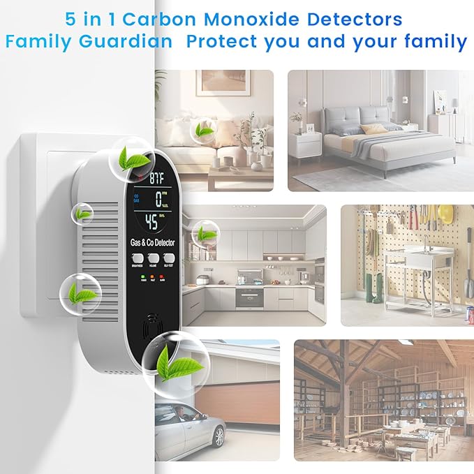 5 in 1 Carbon Monoxide Detectors Plug in with Temperature Humidity Sensor Built in Battery Backup, Natural Gas Leak Detector with Clear LED Display Sound & Light Warning for Home/Hotel,1Pcs, Black.