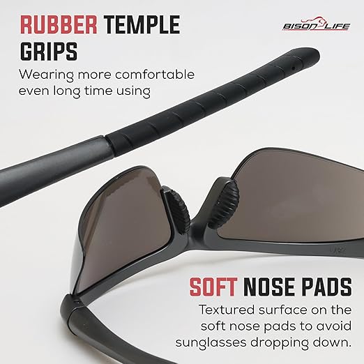 BISON LIFE Sport MTX Gray Mirror Lens Black Temple Safety Glasses, ANSI Z87+, Impact Resistant, Anti-Scratch UV Protection Lens for Shooting, Yard Work, Cycling, and Outdoor Activities (1 Pack)