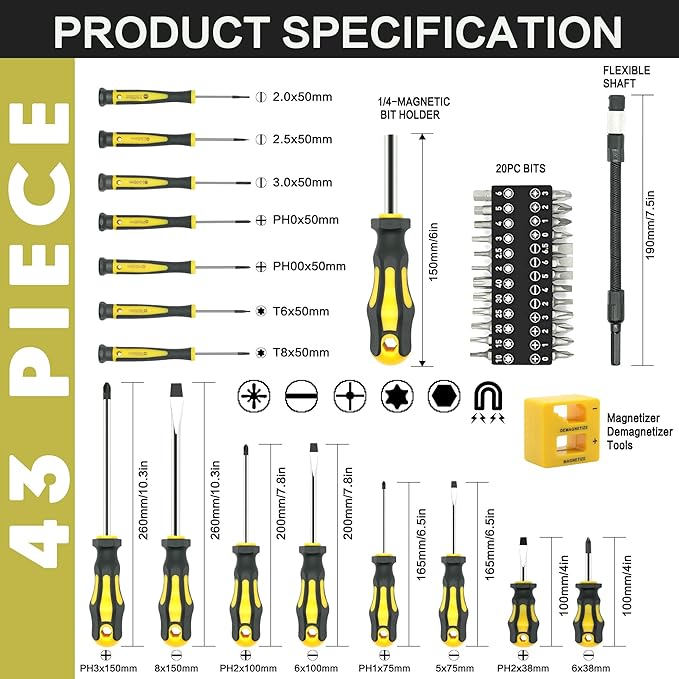 43pcs Magnetic Screwdriver Set, Including Slotted, Phillips, Hexagonal, Pozidriv, Magnetizer, Demagnetizer, Replaceable Screwdriver Bits and Sturdy Tool Case for DIY and Repair Work