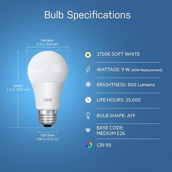 Feit Electric OM60/927CA/AG 60W Equivalent WiFi Dimmable, No Hub Required, Alexa Google Assistant A19 Smart LED Light Bulb, 4.4" H x 2.3" D, 2700K Soft White
