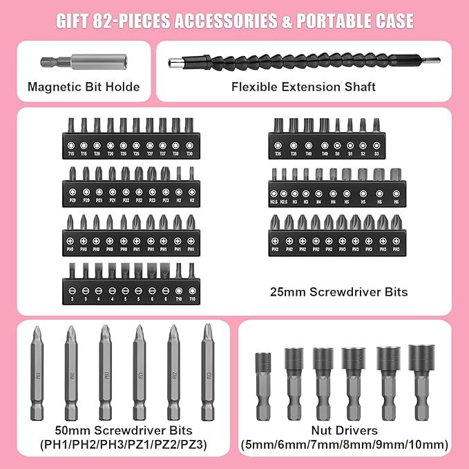 Enertwist Electric Screwdriver, 8V Max 10Nm Pink Cordless Screwdriver Rechargeable Set with 82 Accessory Kit and Charger in Carrying Case, 21+1 Cluth, Dual Position Handle, LED Light