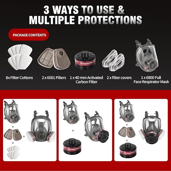 Gas Masks Survival Nuclear and Chemical - Reusable Full Face Respirator with Activated Carbon 40mm Filter, for Painting Welding Chemical Protection Mold Dust Epoxy Resin Woodworking 6800