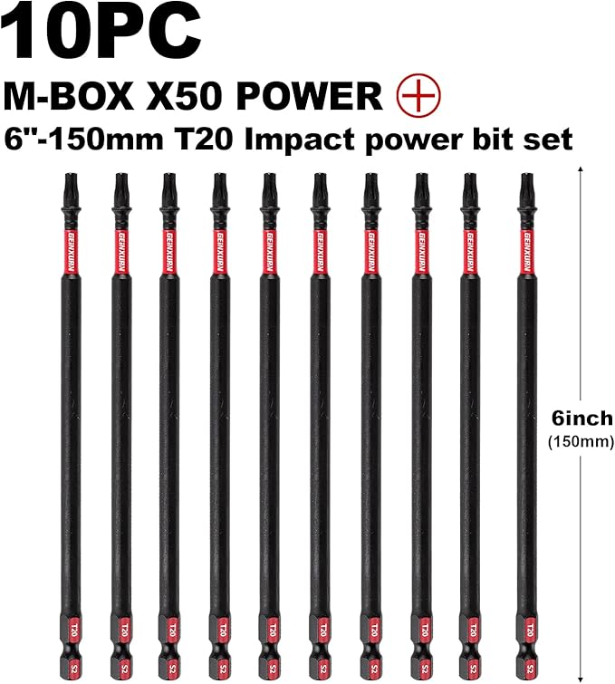 10Pieces 6 In. T20 Impact Tough Magnetic Screwdriver Bit Set, #20 Torx Head Power Bits, S2 Alloy Steel Star Bits with Storage M-Box