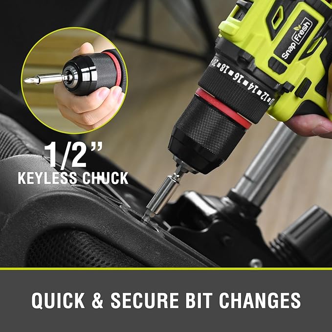 SnapFresh 20V Cordless Brushless Drill Driver, 1/2" Compact Power Drill Set with 500 in-lbs Torque, 20+1 Clutch & 2 Variable Speeds, LED, 2.0Ah Battery & Fast Charger, Electric Tool Kit for Home & DIY