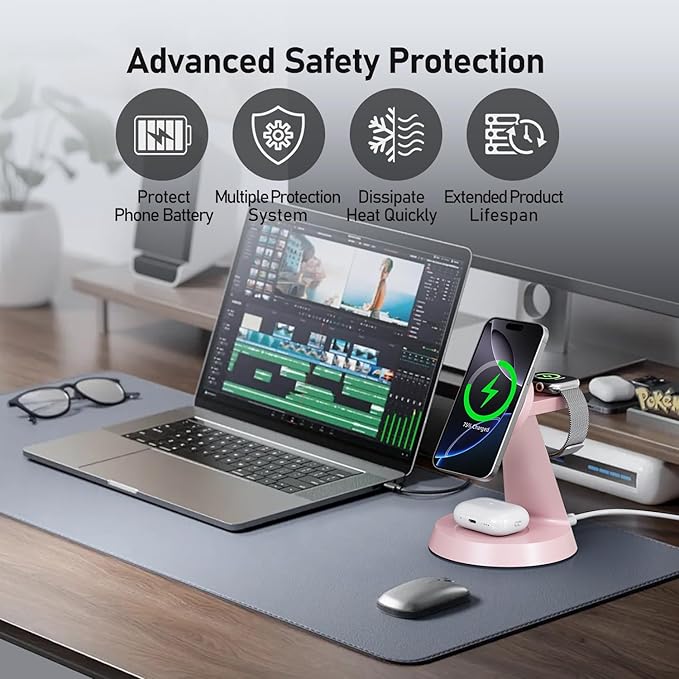 3 in 1 Wireless Charging Station for Apple Mag-Safe 15W Fast Charger Stand for Multiple Apple Devices Magnetic Charger for iPhone 16/15/14/13/12 Series, AirPods, iWatch Series(Pink)