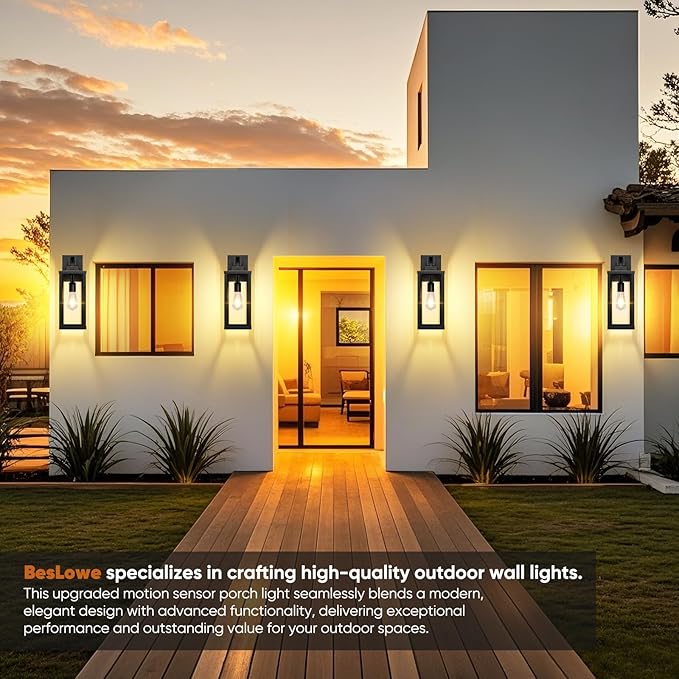 BesLowe 16” Upgraded Motion Sensor Outdoor Wall Lights, Dusk to Dawn Porch Lights Outdoor Wall Sconces, 3 Lighting Modes Exterior Lighting Fixtures with Hooks, Bronze Outside Lights for House, 2-Pack