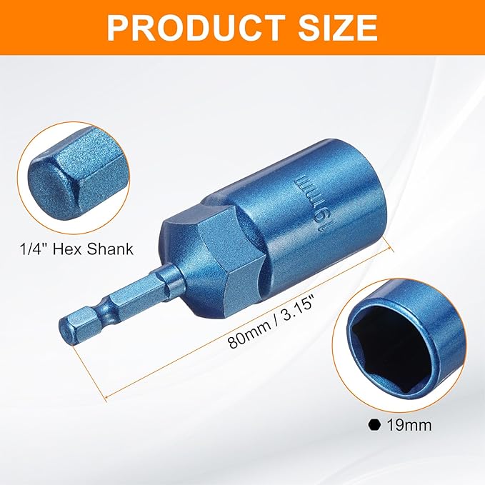 HARFINGTON Nut Driver 19mm Hex Drive Socket CR-V Steel Power Screw Drill Bits Socket Wrench Tools with 1/4" Quick Change Hex Shank for Power Drills Impact Drivers, Blue