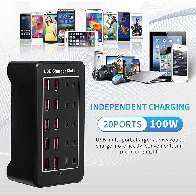 USB C Charger Block, 100W(20A) 20 Port Multiport USB Hub Desktop Fast Wall Charger, 10 Port USB C and USB Charging Compatible for Apple iPhone, iPad, Tablets, Samsung Galaxy