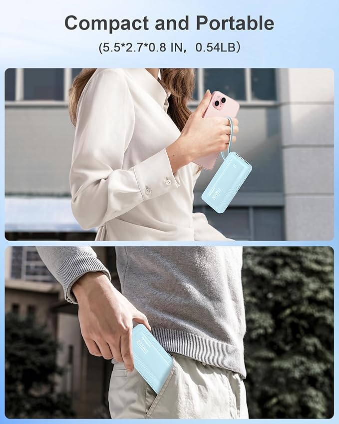 Portable Charger with Built in Cables, Slim 10000mAh Fast Charging 22.5W Power Bank USB C LED Display Battery Pack 6 Outputs & 2 Inputs for iPhone Samsung Pixel LG Moto iPad