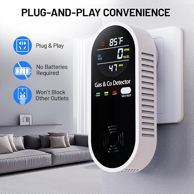 2 Pack Carbon Monoxide Detectors Plug in, 4-in-1 Combustible Gas Detector & Carbon Monoxide Monitor with Temperature & Humidity Display, Compact CO Detector for Home, RV & Travel Safety