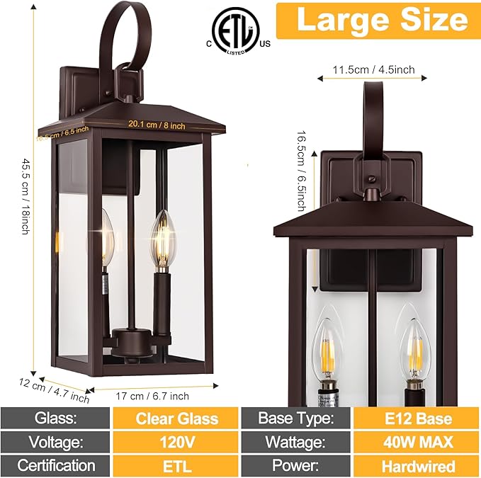Bronze Large Porch Lights Outdoor, 18" Exterior Wall Fixture with Clear Glass, 2-Light E12 Socket Base, Aluminum Outside Waterproof Wall Light Sconce for House, Porch, Patio, Garage