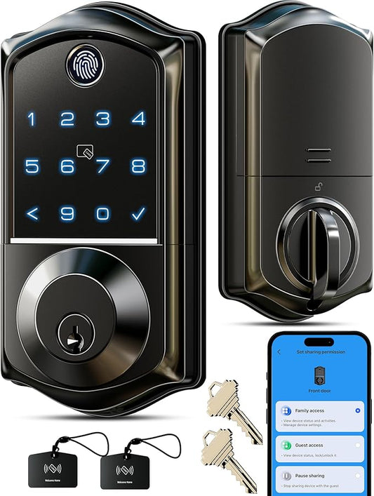 Veise VE017 Fingerprint Smart Door Lock, App Control, 7-in-1 Keyless Entry, Auto Lock, Emergency Power Port, Electronic Touchscreen Keypad, Biometric Smart Locks for Front Door, Matte Black