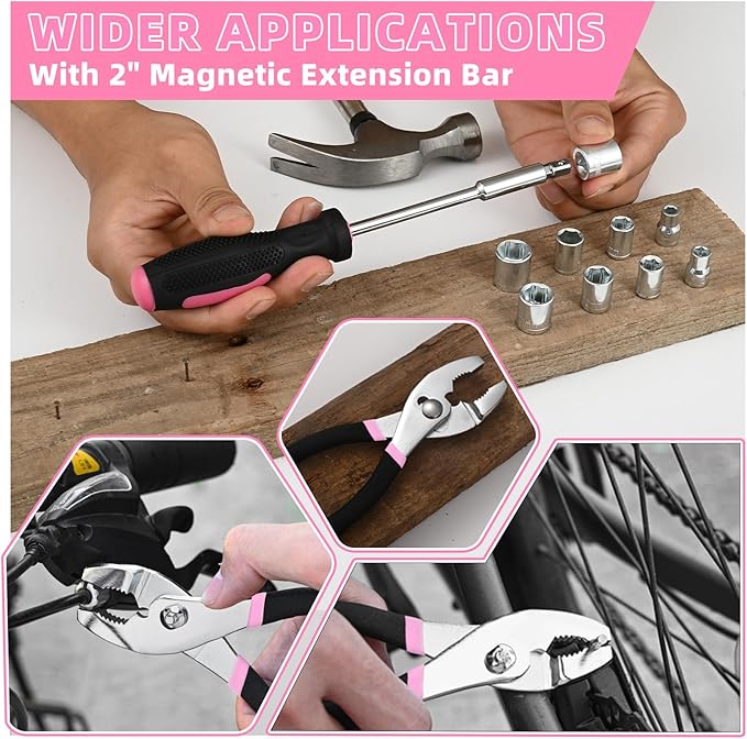144-Piece Pink Tool Kit Basic Home Repair Tool Set General Household Hand Tool Kit Small Tool Kit with Plastic Toolbox Mini Tool kit for Women, Office & College Repairs