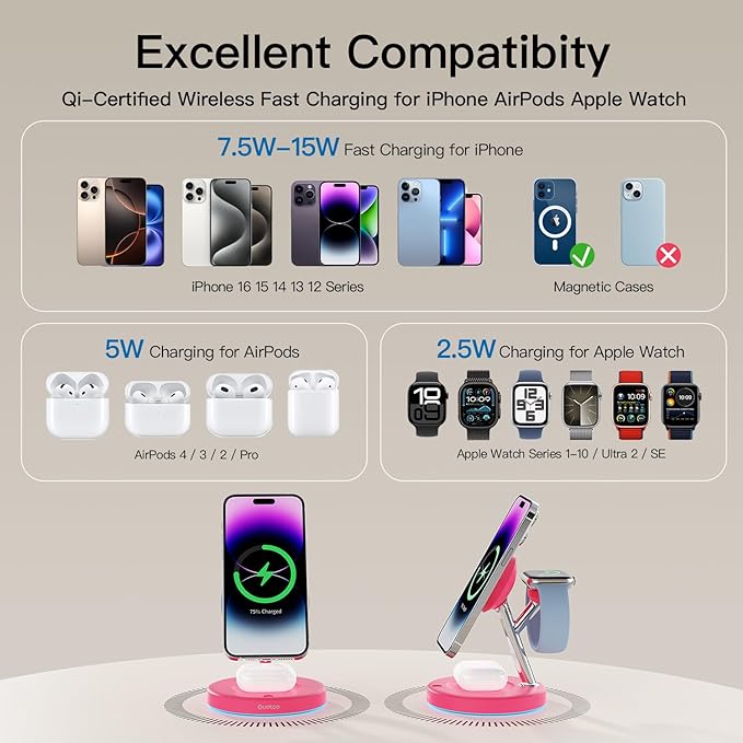 3 in 1 Charging Station Compatible with Mag-Safe Charger Wireless Charger Stand for iPhone 16 15 14 13 12 Series Wireless Charging Station for AirPods Wireless Charging Stand for iWatch Series (Red)