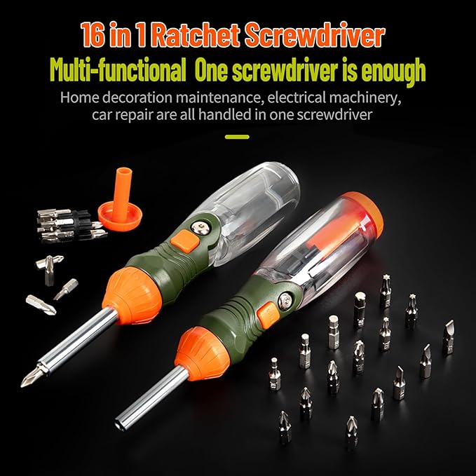 16-in-1 Multibit Ratcheting Screwdriver - All in One Screwdriver Set with Flat Head/Philips/Torx/Hex/Square/Repair Kit, 60 Degree Pivoting Adjustable Angle Magnetic Screw Driver Set (Orange)