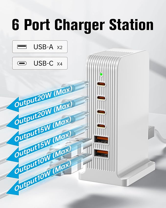 USB C Charger -USB Charging Station, Multiport USB Charging Station, 6 Port USB Hub Charger Tower for iPhone 15/14/13/12, iPad, Samsung Galaxy, Google Pixel,HTC, and Multiple Devices (White)
