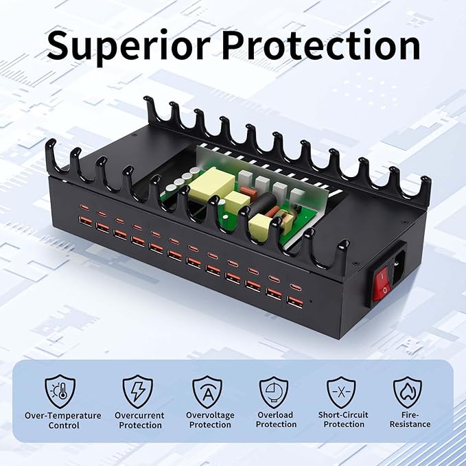 300W Charging Station for Multiple Devices - 24 Ports USB Fast Charging Station with Smart Power Delivery - Kindle, Phone, Tablet Charger Station for Home, Office, School