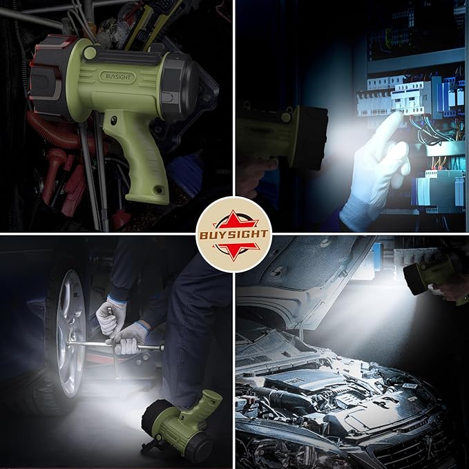 BUYSIGHT Rechargeable Spotlight Flashlight,1000000 Lumen Hand held Spot Lights Waterproof led Flashlight Hunting Lamp with red Filter (Matcha Green)