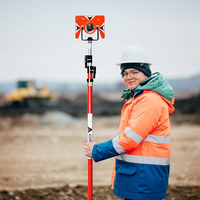 AdirPro Aluminum Prism Pole - Telescopic 12’ (3.7m) – Fixed Adapter Tip – Quick Release Clamp - Metric Graduation - Strong & Lightweight GPS Pole - for Use with Prisms - Rover Rod - GNSS Instruments