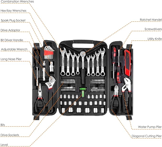 TLGREEN 95 Piece Tool Set, Tool Kit, Mechanics Tool Set, Portable Toolbox with Adjustable Wrench Pliers Socket Bits, with Plastic Toolbox, for House Apartment Garage (Red)