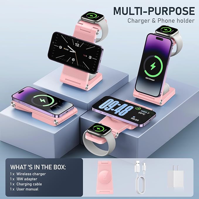 Magnetic Wireless Charger Stand, 3 in 1 Foldable Wireless Charging Station, Travel Charger for Multiple Devices for iPhone 16 15 14 13 12 Series, Apple Watch Ultra/SE/9/8/7/6/5/4/3/2, AirPods