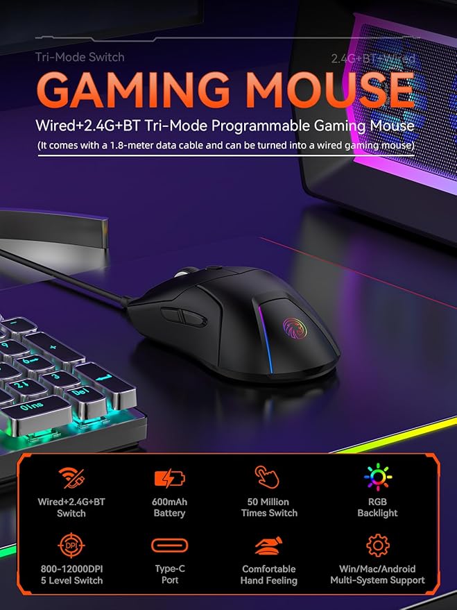 Wireless Gaming Mouse, PAW3311 Sensor, 12,000 DPI, 1,000Hz, Tri Mode (2.4G/Bluetooth/Wired), Ergonomic, USB C Rechargeable, 6 Programmable Buttons, Side Keys Mice for PC/Laptop/Mac (Black)