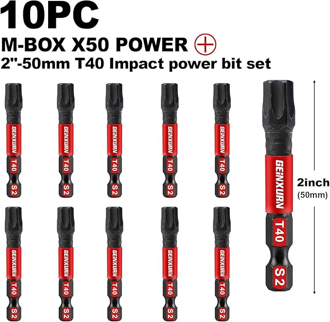 10Pieces 2 In. T40 Impact Tough Magnetic Screwdriver Bit Set, #40 Torx Head Power Bits, S2 Alloy Steel Star Bits with Storage M-Box