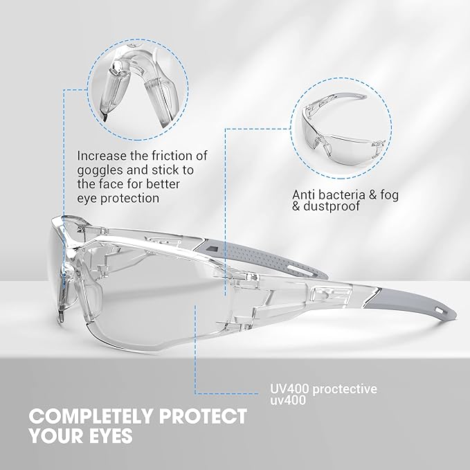 DILANCO Clear Safety Glasses Goggles, Adjustable Frames and Scratch-Resistant with No-Slip Grips Safety Glasses for Women Men