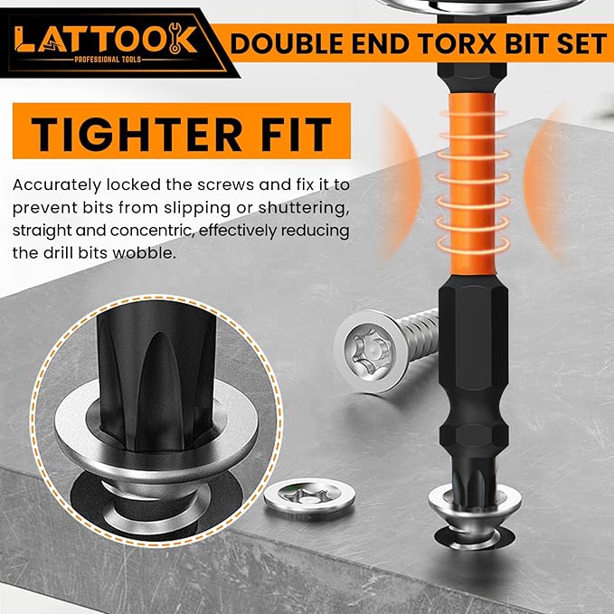 15-Piece Torx Bit Set, LATTOOK Double-ended Security Torx Bit Set Tamper Proof Star Bits, Magnetic S2 Steel, 3'' Long