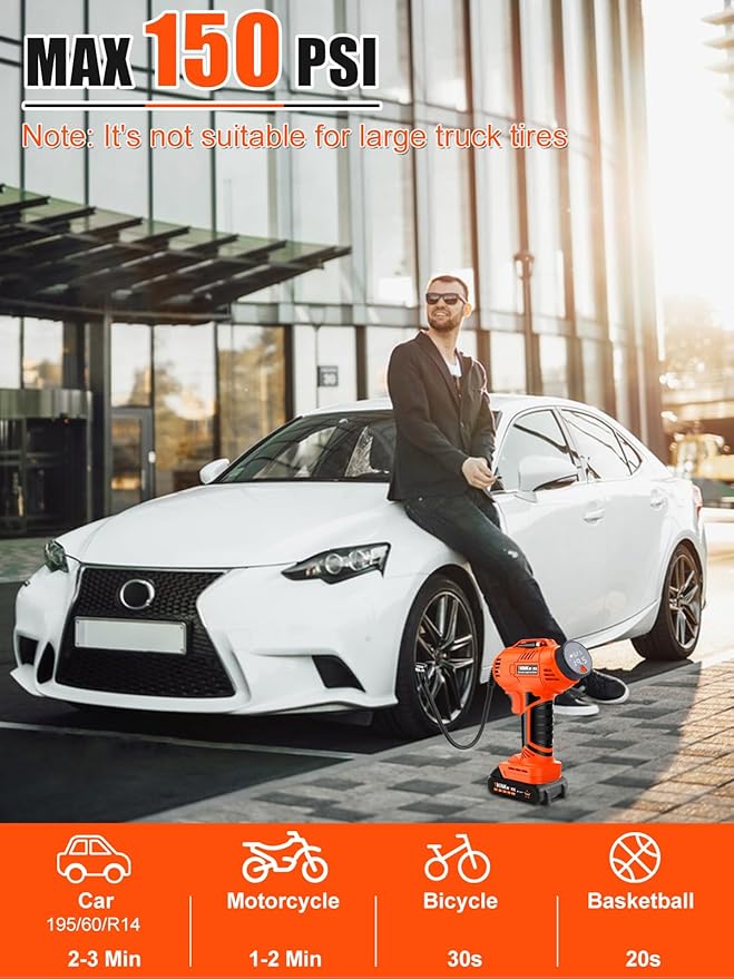 Tire Inflator Portable Air Compressor, Cordless Car Tire Pump with 20V Rechargeable Battery, 12V Car Power Adapter, Digital Pressure Gauge, 150 PSI Handheld Air Pump for Car, Motorcycle, and Bike