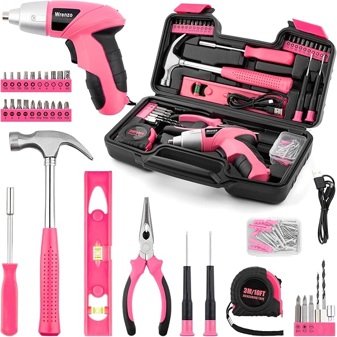 Drill Set, Cordless Drill, Small Tool Kit, 112pc 3.6V USB Tool Set, Tool Kit for Dorm, Cordless & Rechargeable, Pink Home Toolbox for Women, DIY Toolbox