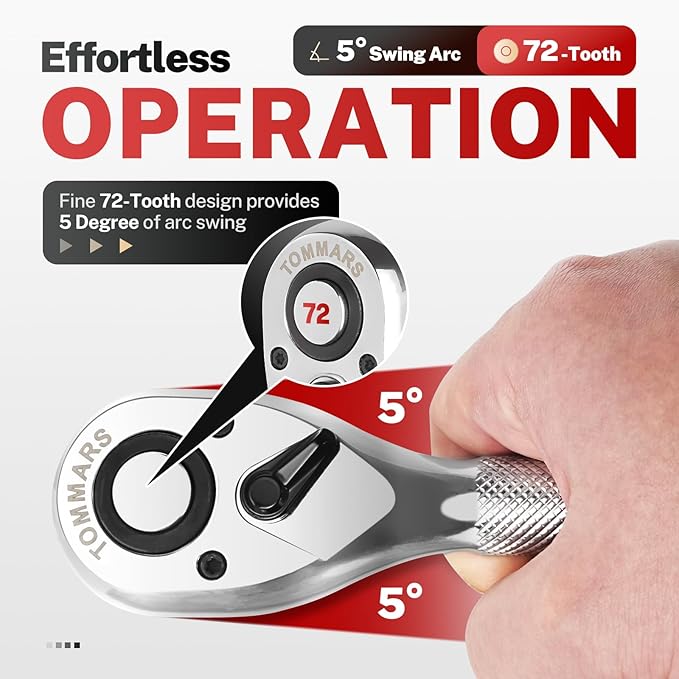 TOMMARS Stubby Ratchet Set, 1/4", 3/8", 1/2" Drive Ratchet Handle Wrench 72-Tooth Quick-Release Reversible