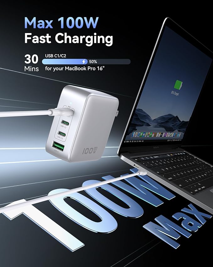 100W USB C Charger, 4-Port GaN Charger Block Charging Station, Foldable and Compact Fast Wall Charging Power Adapter for MacBook, iPad, iPhone Series, Galaxy S24/S23, Steam Deck, Google Pixelbook