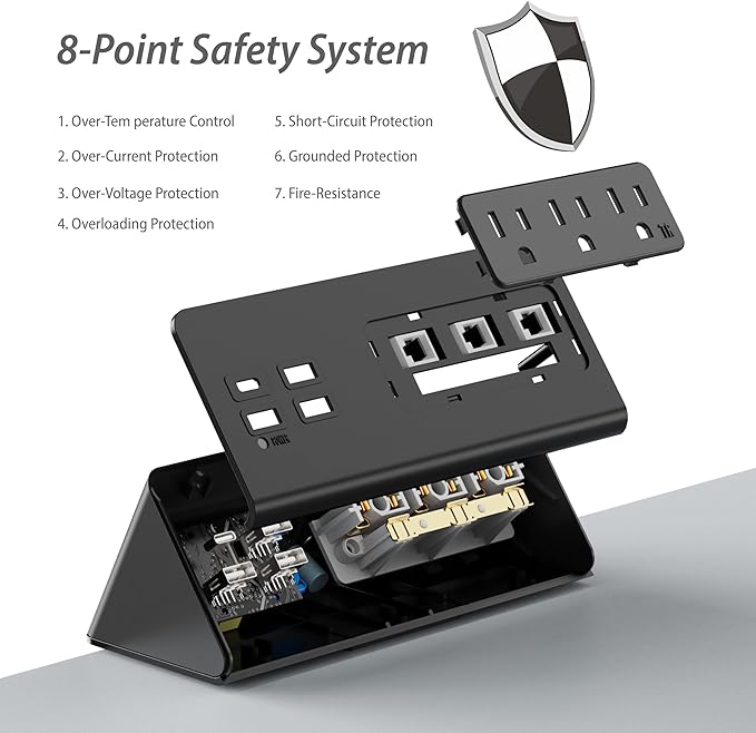Nightstand Edge Mount Power Strip with USB-C Ports Tabletop Surge Protector Desk Clamp Power Sockets with 3 AC Outlets &4 Fast Charging USB Ports for Home Office Hotel and Dormitory (Black(2-Pack))