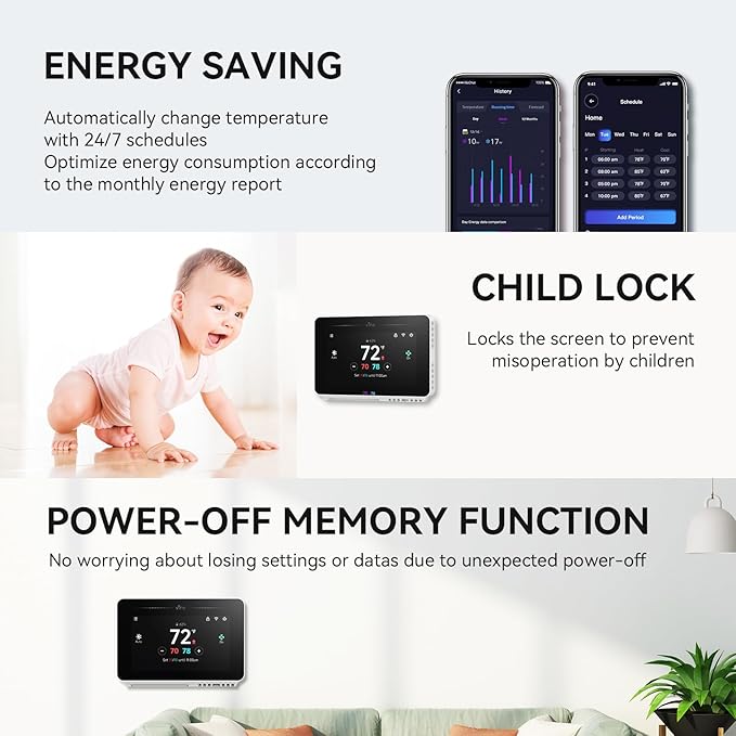 vine Programmable Thermostat for House with 4.3" Touch Screen, WiFi Smart Home Thermostat for AC and Heating, App/Voice Control, Compatible with Alexa and Google Assistant, C-Wire Required, TJ-919T