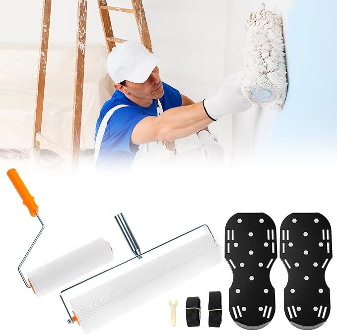 QWORK Multifunctional Self-Leveling Cement Tool Kit - Includes PE Rollers, Spiked Shoes, Anti-Slip