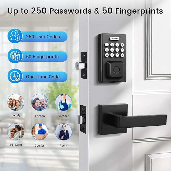 KNOBWELL Smart Fingerprint Door Lock with Lever Handle, Keyless Entry, Biometric Keypad, Electronic Deadbolt Lock,Matte Black