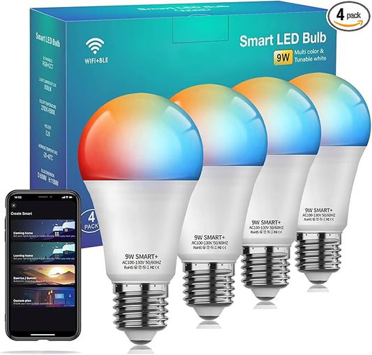 Smart Light Bulbs 4Pack, WiFi & Bluetooth 5.0, App Control, Color Changing LED Bulb, A19 E26 800LM Dimmable RGB Lights, 2700~6500K, Smart Home Lighting Works with Alexa Google Assistant