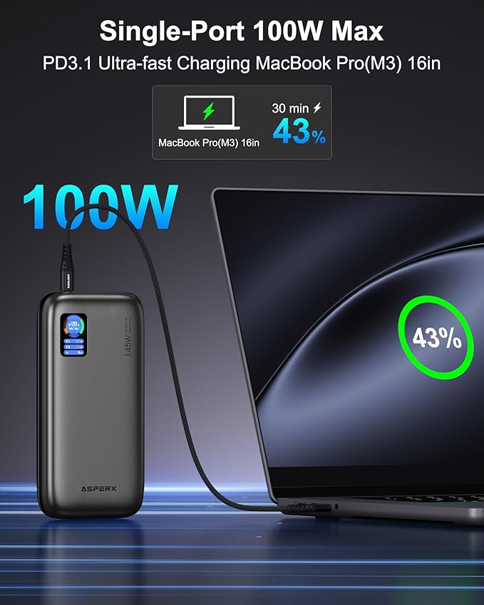 AsperX Laptop Power Bank,24,000mAh 145W PD 3.1 Fast Charging Portable Charger, TFT Smart Display USB C Battery Pack(86.4Wh) for MacBook/iPhone 17/Dell XPS/Galaxy S25/Steam Deck/ipad (Flight-Approved)