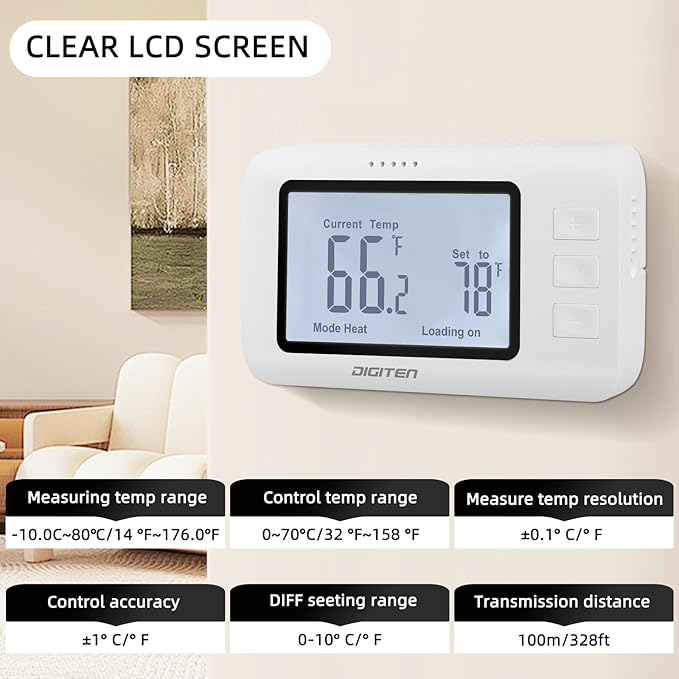 Remote Control Thermostat, pre-Wire Temp Controller with Heating/Cooling Mode, ℃ /℉ Switch, Temperature-Controlled Plug for Space heaters, Window AC, Fans, 110V