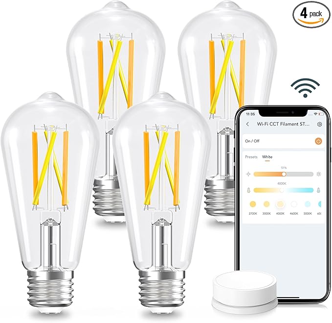 Linkind E26 Smart Edison Bulbs, 2700K-6500K Tunable WiFi Edison Bulbs with Remote Control, 8W 60W Equivalent Dimmable ST19 (ST58) Vintage Light Bulbs 800lm, Compatible with Alexa & Google Home, 4-Pack