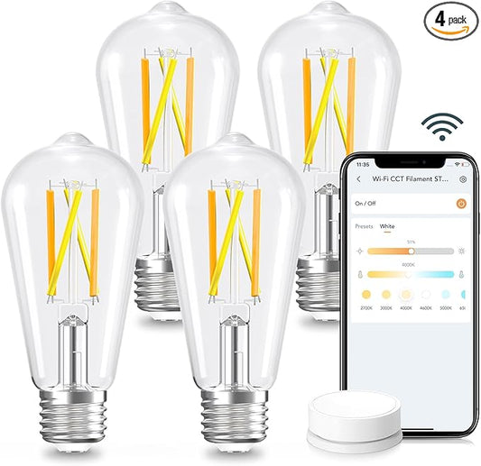 Linkind E26 Smart Edison Bulbs, 2700K-6500K Tunable WiFi Edison Bulbs with Remote Control, 8W 60W Equivalent Dimmable ST19 (ST58) Vintage Light Bulbs 800lm, Compatible with Alexa & Google Home, 4-Pack