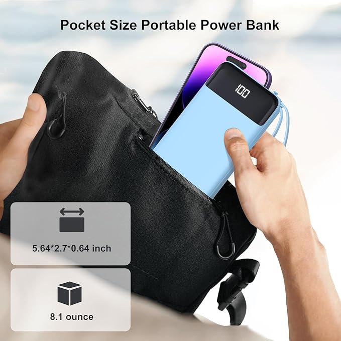 Portable Charger 10000mAh Power Bank with Built-in Cable, 5 Output 2 Input Travel Essential External Battery Pack with LED Display Compatible with iPhone 16/15 Samsung S22 Android,etc