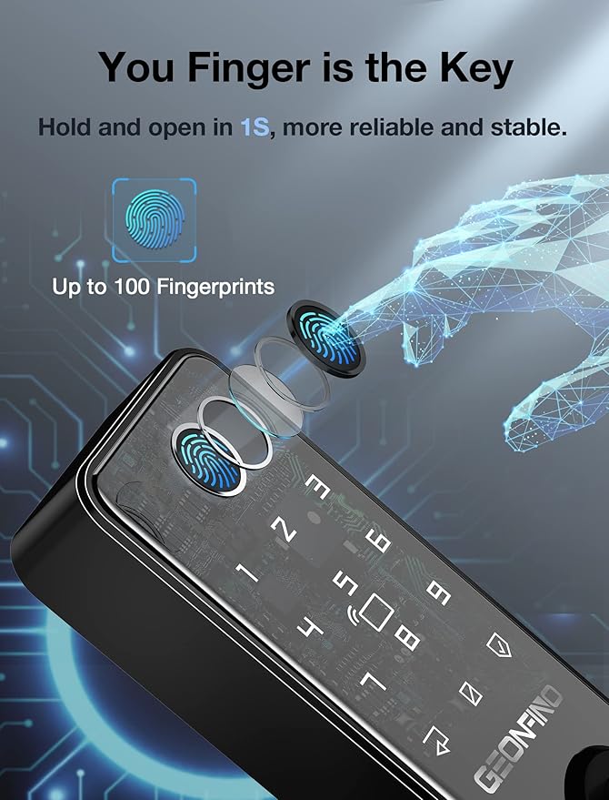 GEONFINO Smart Door Lock with Handle, 6-in-1 Fingerprint Keyless Entry Door Lock, Electronic Digital Deadbolt with Handle, Smart Lock Set Compatible with Alexa (Gateway Included)