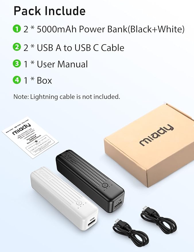 Miady 2-Pack Small Portable Charger, 5000mAh Mini Battery Pack 3.45oz Lightweight Power Bank 5V/2.4A Output & 5V/2A Input Compatible with iPhone, Galaxy, Android etc