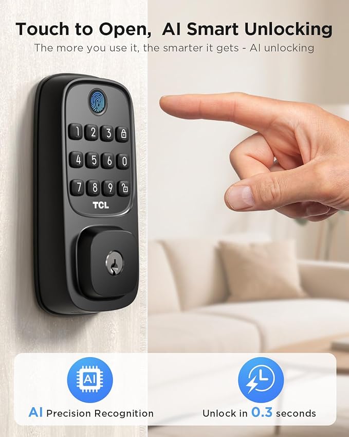 TCL D1 Smart Lock Keyless Entry - Fingerprint Door Lock with WiFi, Auto-Lock, Voice Control for Alexa & Google Assistant, Easy Install for Home Security