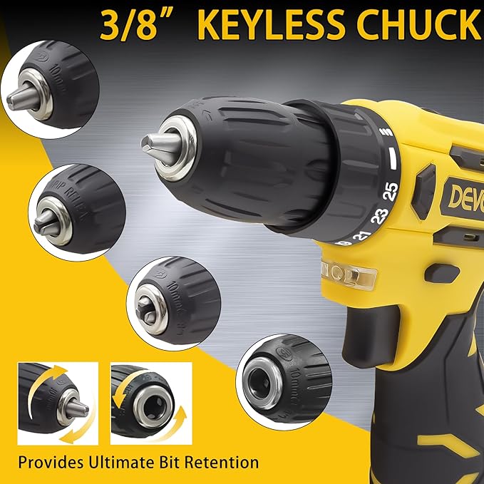 DEVONIC Cordless Drill Set,21V Electric Drill with 1 Lithium Battery and Charger,3/8"Keyless Chuck,25+1 Torque Setting and 28pcs Screwdriver Bits
