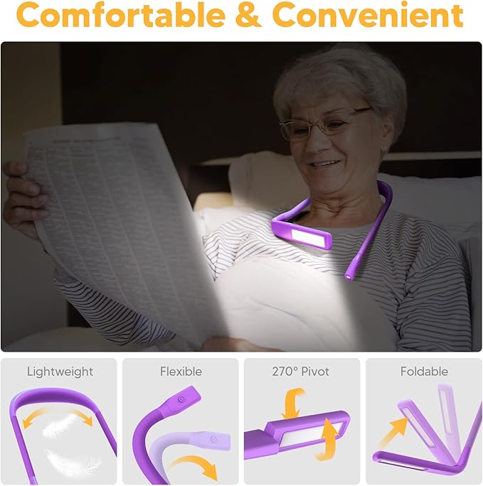 Voilet Neck Light with Storage Case, 10-80Hrs Eye-friendly Book Reading Lamp, Knitting Crochet Sewing Craft Light Rechargeable Adjustable, Christmas Birthday Gifts for Book Lovers Knitters Crafters