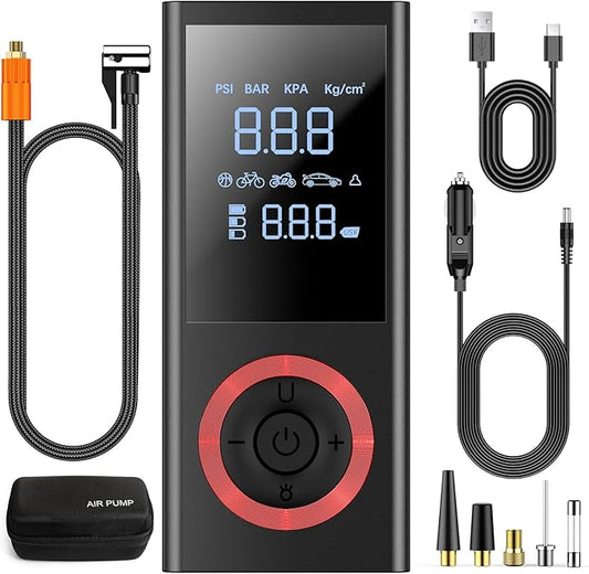 Cordless Tire Inflator Portable Air Compressor, 150 PSI Air Pump with Rechargeable Battery, Tire Pressure Gauge, 12V Car Power Adapter, Smart Air Pump for Car, Motorcycle, Bike, Ball